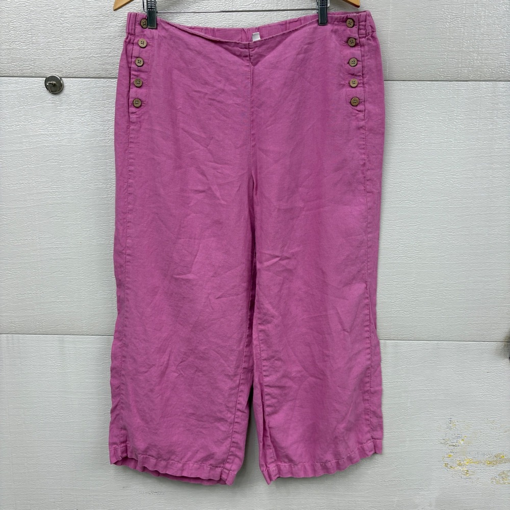 J. Jill Love Linen Pink Wide Leg Cropped Sailor Button Pants Large